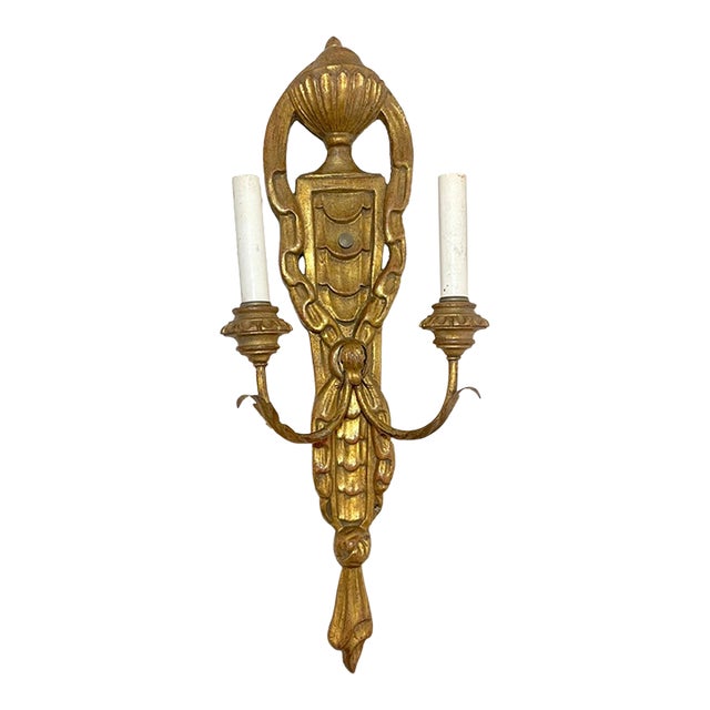 Vintage Ornate Century Italian Hand Carved Gilt Wooden Iron Wall Sconce Fixture For Sale