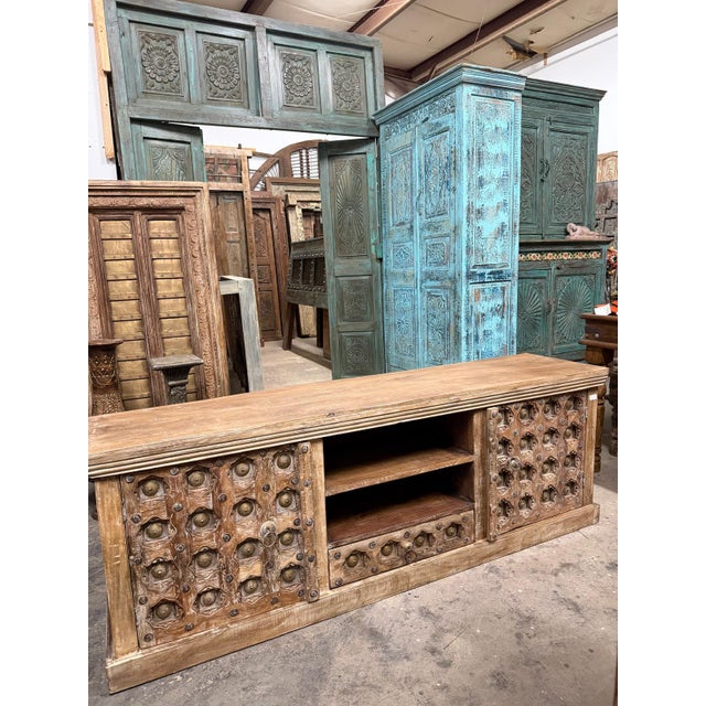 Vintage Hand-Carved Solid Wood Sideboard | Rustic Buffet Credenza Tv Console For Sale In Orlando - Image 6 of 8