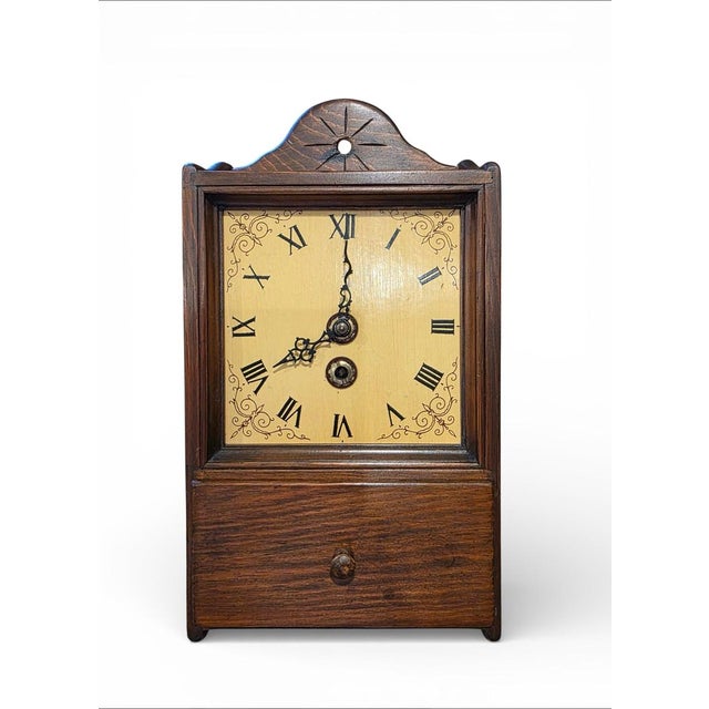 Wood Antique German Oak Mantel Clock Circa 1895-1915 -8 Day Mechanical Strike- Victorian Shelf Clock For Sale - Image 7 of 7