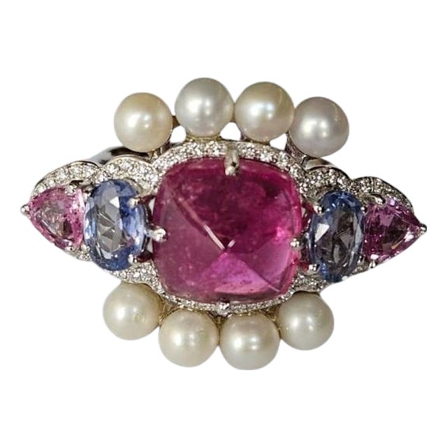 Set in 18k Gold, Tourmaline, Multi Sapphires, Freshwater Pearls & Diamonds Ring, Size 6 For Sale