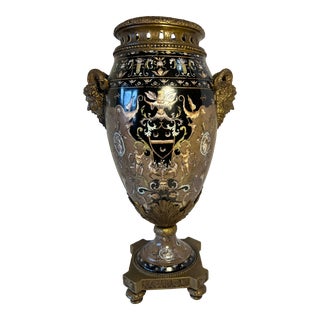 Castilian Porcelain Bronze Ormolu Vase Mythical Motif Man's Head Handles With Goat Horns For Sale