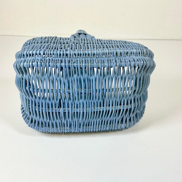 Mid-Century Boho Chic Coastal French Blue Wicker Tabletop Basket For Sale - Image 10 of 10