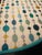 Custom upholstered window valance in Lee Jofa embroidered linen — chains of hand-embroidered dots in teal, peacock, aqua,...