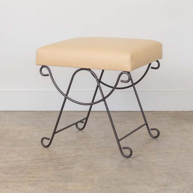French Panoplie Iron Loop Stool, Yellow Linen For Sale - Image 3 of 11