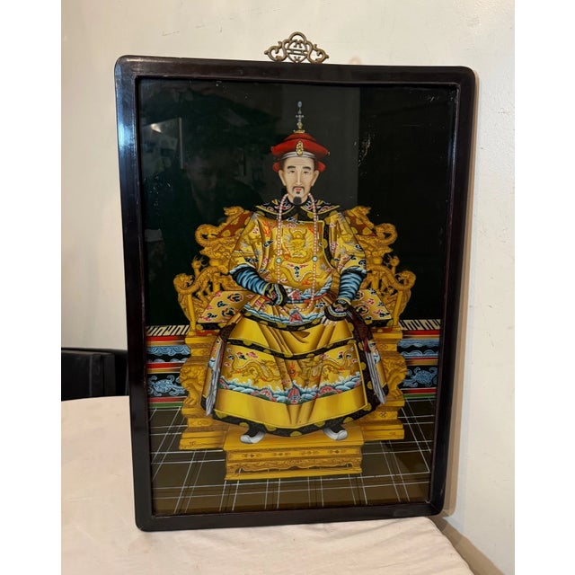 Vintage Original Chinese Reverse Painted Glass Painting Emperor Kangxi Art For Sale - Image 4 of 11