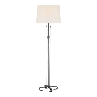 AERIN by Visual Comfort Signature Olivette 63" Forged Floor Lamp in Aged Iron with Linen Shade For Sale