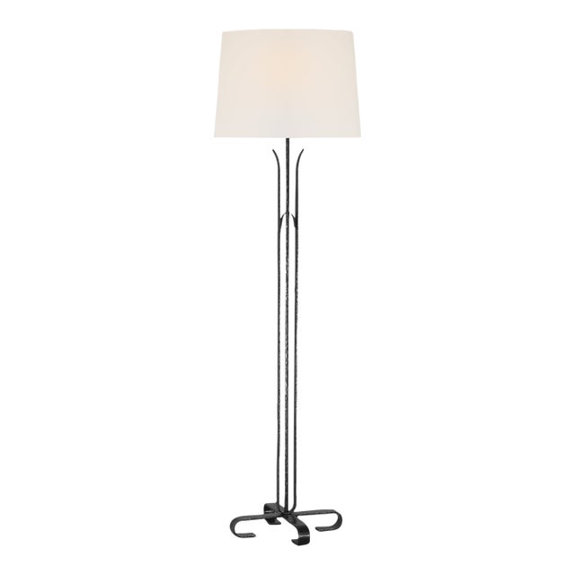 AERIN by Visual Comfort Signature Olivette 63" Forged Floor Lamp in Aged Iron with Linen Shade For Sale