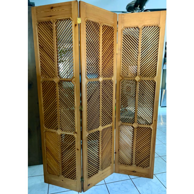 Mid-Century Modern 1977 Chapman Vintage Wooden Louvered Folding Screen | Three-Panel Room Divider For Sale - Image 9 of 11