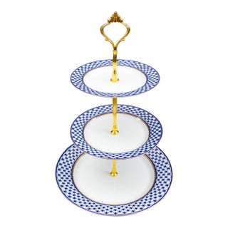 Late 20th Century Lomonosov Blue Gold Net Imperial Porcelain 3-Tier Dessert Cake Stand For Sale