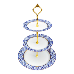 Late 20th Century Lomonosov Blue Gold Net Imperial Porcelain 3-Tier Dessert Cake Stand