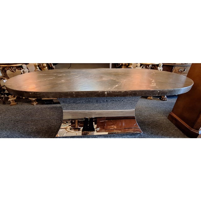 1970s Karl Springer Style Imperial Brown Art Granite and Chrome Base Dining Table For Sale - Image 10 of 11