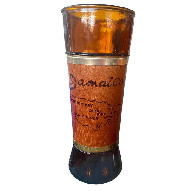 1960s Vintage Jamaica Amber Glass Tumblers, Mahogany Sleeves – Mid-Century Tiki Barware, Set of 4 For Sale - Image 5 of 8