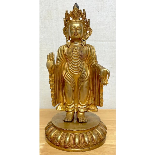 Tibetan Bronze Standing Gilt Bronze Buddha Offering Protection For Sale - Image 12 of 13