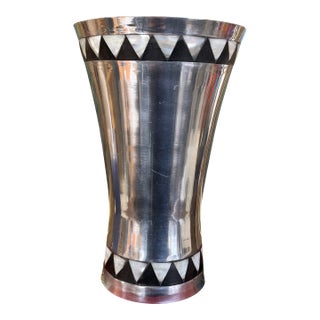 Vintage Towle Silversmiths Modernist Metal Vase With Black and Mother-of-Pearl Geometric Inlay For Sale