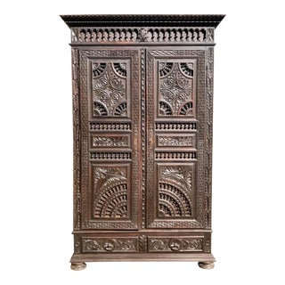 19th Century French Carved Chestnut Armoire From Brittany For Sale