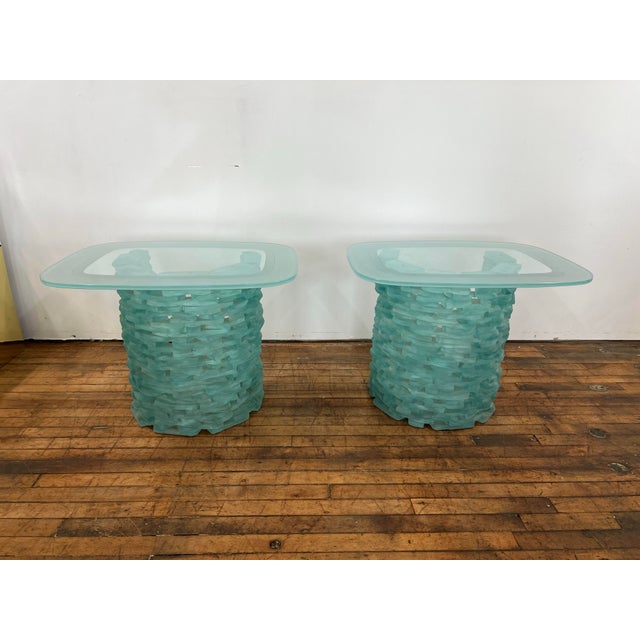 Murano 1980 Murano Style Stacked Glass Ice Block Side Tables - a Pair For Sale - Image 4 of 10