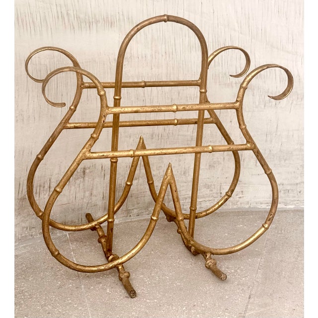 Wood Vintage Hollywood Regency Style Gilt Faux-Bamboo Metal Magazine, Newspaper, Book Rack, Vinyl Record Holder, Circa 1950s For Sale - Image 7 of 12