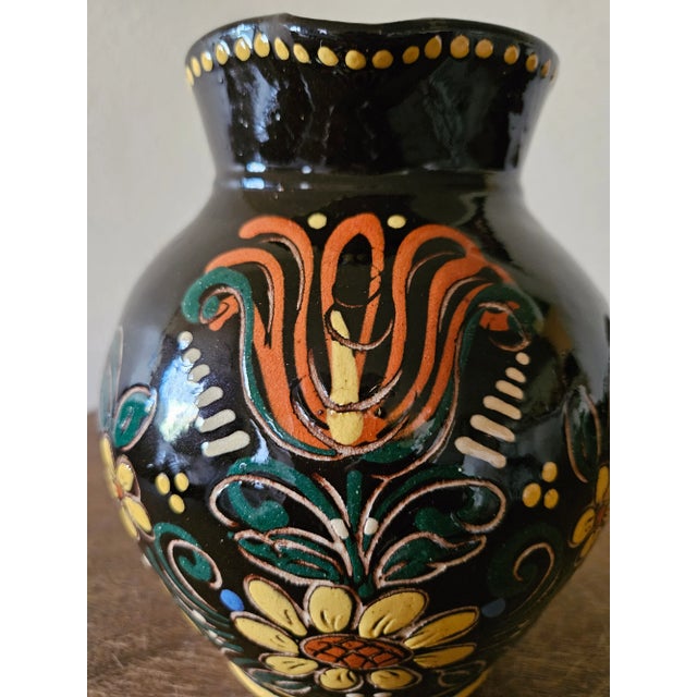 1980s Hand Painted Folk Art Pottery Pitcher For Sale - Image 4 of 11