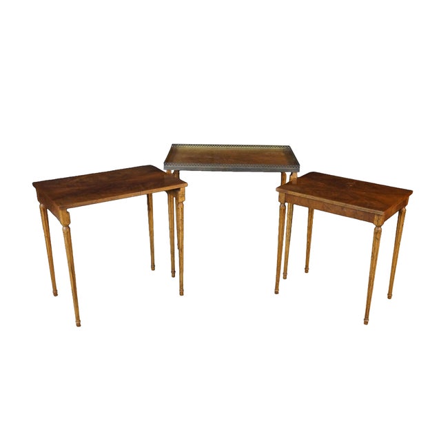 Mid-Century Modern Mid Century French Louis XVI Style Crotch Walnut Nesting Tables Set of Three For Sale - Image 3 of 18