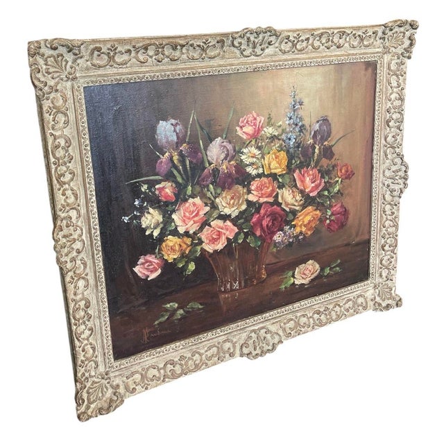 Capture the timeless romance of a European estate with this striking mid-century vintage floral still life oil painting....