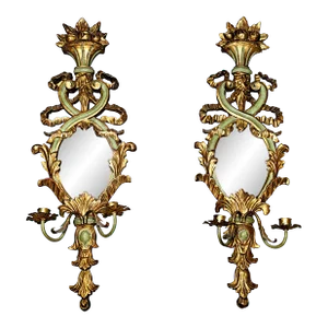 Pair of Italian Rococo Gilt Gesso and Parcel Green Painted 2-Light Mirrored Sconces