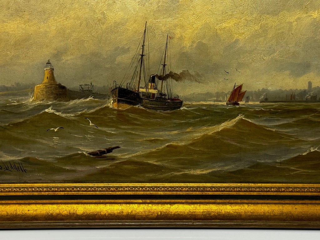 Tableau Peinture à L'huile Originale 1890 - 'Leaving The Tyne', Phare De Tynemouth, Marin