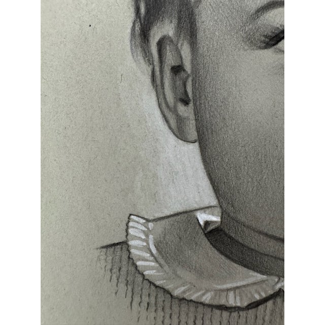American 1940s Original Signed Graphite Illustration of Child Portrait With Ruffled Collar, 11.5 × 8.75 In For Sale - Image 3 of 6