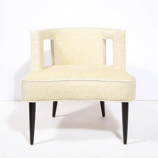 1950s Mid Century Modern Cutout Barrel Back Chair in Pearl Holly Hunt Ecriture Velvet For Sale - Image 5 of 13