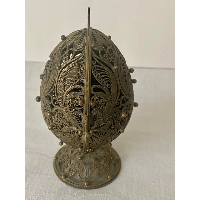 Vintage Fedoskino Russian Triptych Brass Filigree With Lacquer Egg Shape With Father Frost and the Snow Maiden Signed M. Izotova. For Sale - Image 14 of 15