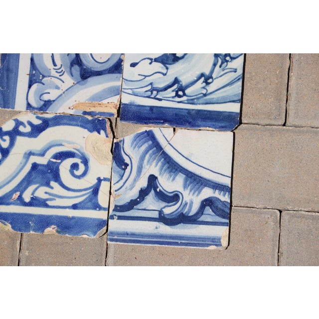 Antique Set of 6 Baroque Portuguese Tiles, 18th Century Blue & White Scrollwork and Ornamental Motifs For Sale - Image 6 of 10