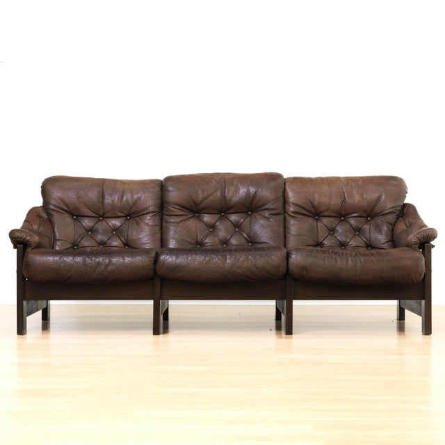 Mid-Century Modern 1970s Danish Brown Leather Tufted Sofa For Sale - Image 3 of 18