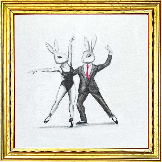 Whimsical Original Oil Painting of Two Bunnies Ballet Dancing by Max and Alma For Sale - Image 4 of 4