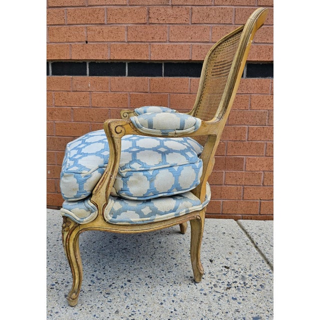 Provincial Yellowish Enamel, Caned Back and Upholstered Seat Bergere Chair For Sale In Washington DC - Image 6 of 11