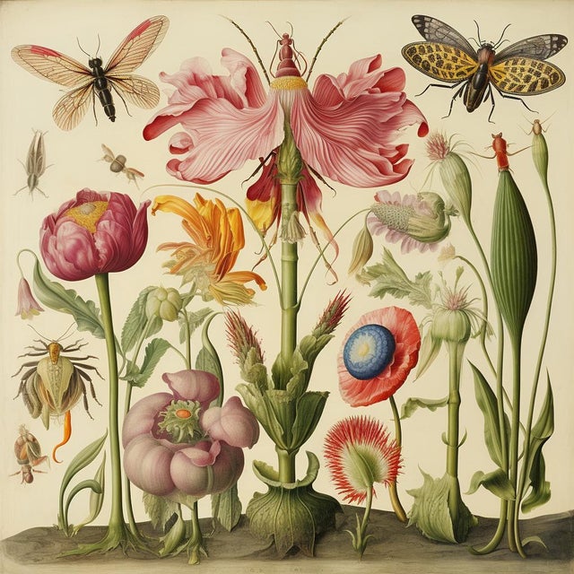 # Set of 6 - 54" X 36" Gallery Wall Installation 'Insects and Flowers' Botanical Floral Prints, Unframed For Sale - Image 4 of 9
