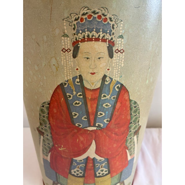 Vintage Chinoiserie Style Asian Paper Wrapped Umbrella Stand With Portrait Motif For Sale - Image 4 of 10
