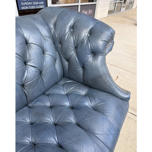 Vintage Blue Leather Camelback Chesterfield Sofa For Sale - Image 9 of 18