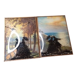 1940s Gorgeous Pair of Victorian Style Reverse Painted Bubble Glass Silhouette Wall Art For Sale