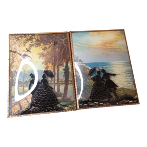 1940s Gorgeous Pair of Victorian Style Reverse Painted Bubble Glass Silhouette Wall Art