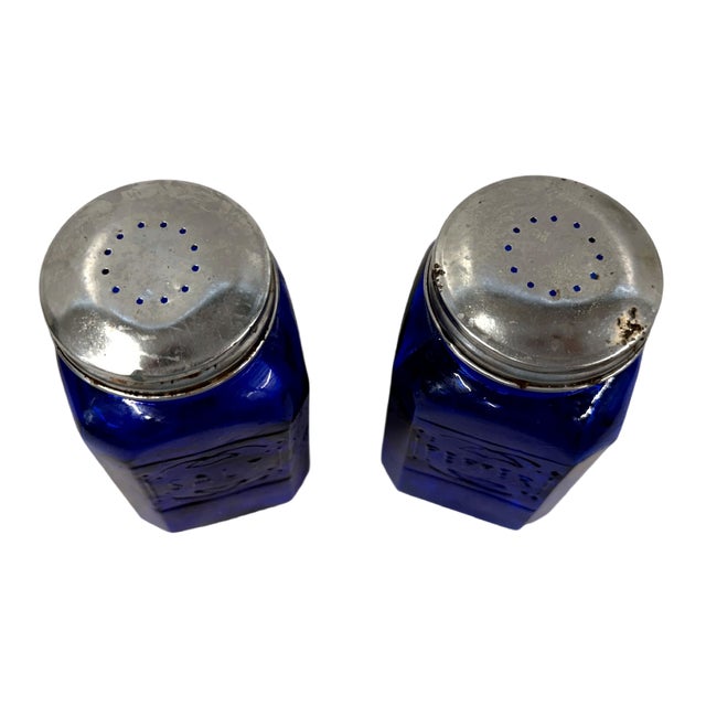 Farmhouse Vintage Farmhouse Cobalt Blue Glass Salt & Pepper Shakers - Pair For Sale - Image 3 of 4