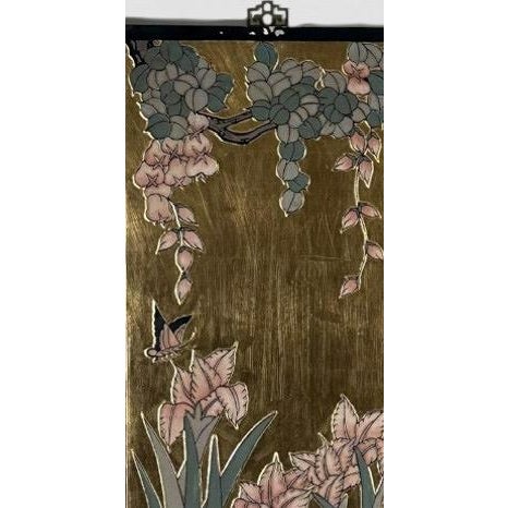 Vintage Chinese Chinoiserie Gilt Wood Wall Panels Panoramic Wisteria and Iris Floral Scene Set of Four For Sale In Portland, ME - Image 6 of 18