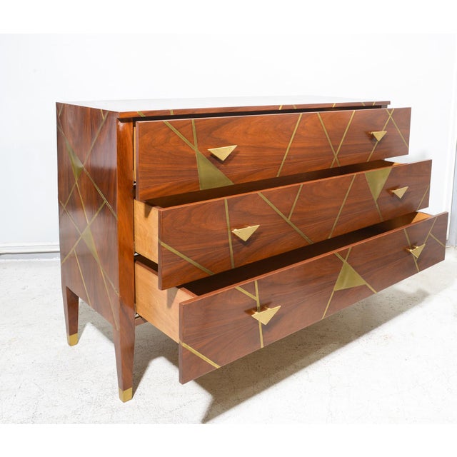 Unusual Brass- Inlaid Mahogany Chest With Geometric Pattern and Bronze Pulls For Sale In New York - Image 6 of 7