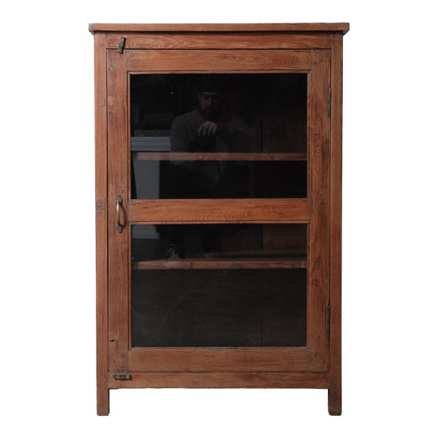 Vintage Indian Teak Display Cabinet With Glass Door and Three Interior Shelves For Sale