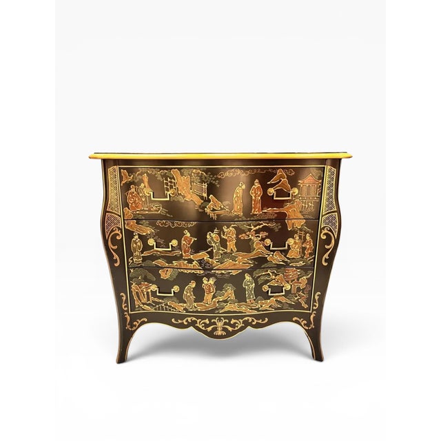 Drexel Heritage Vintage Drexel Et Cetera Chinoiserie Black Lacquer Serpentine Chest of Drawers For Sale - Image 4 of 11