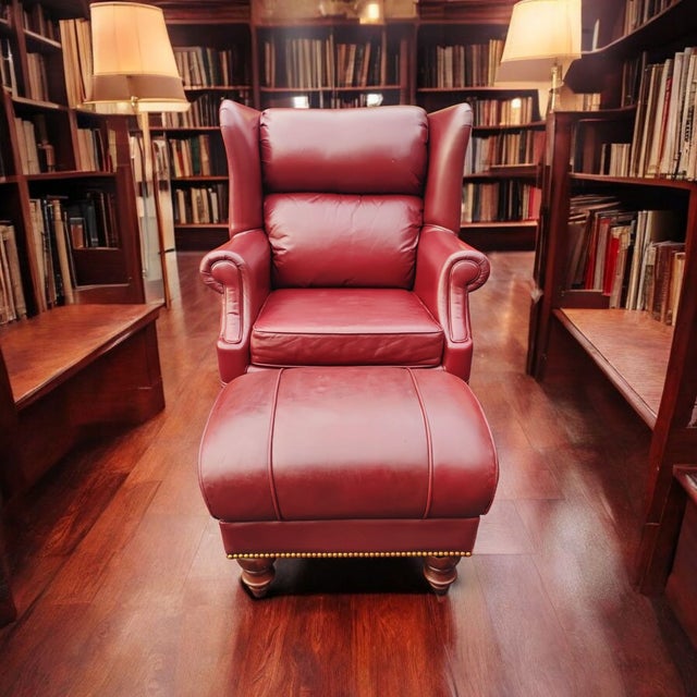 Classic Leather Wingback Chair and Ottoman Set For Sale In Raleigh - Image 6 of 7