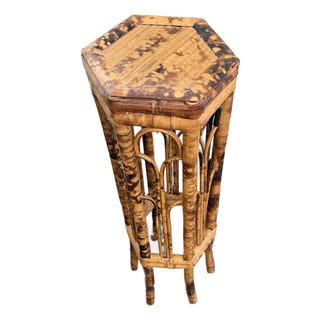 Vintage Hexagonal Tortoise Shell Bamboo Plant Stand Pedestal For Sale