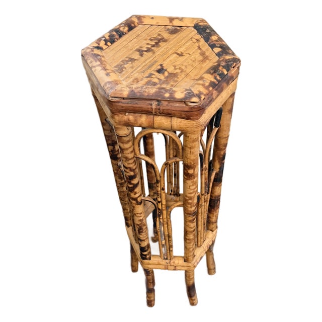 Vintage Hexagonal Tortoise Shell Bamboo Plant Stand Pedestal For Sale