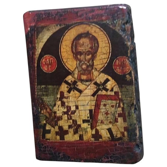 Antique Greek Portable Travel Icon of Saint Antipas in Wood, 18th Century Post-Byzantine For Sale - Image 9 of 9