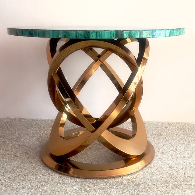 Metal Stunning Tessellated Malachite Round Dining Table With Brass Base, Made in Italy For Sale - Image 7 of 15