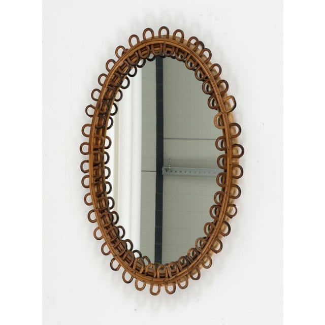 Brown Mid-Century Oval Rattan and Bamboo Wall Mirror in the style of Franco Albini, Italy, 1960s For Sale - Image 8 of 10