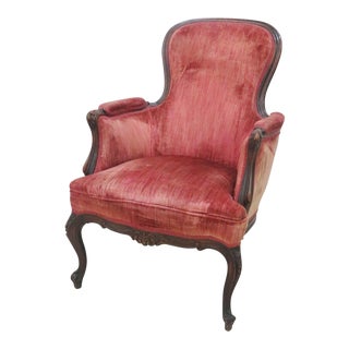 French Red Velvet Carved Walnut Bergere For Sale